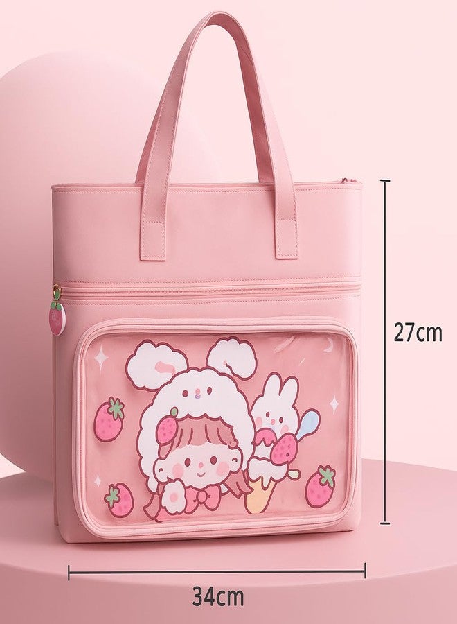 Nispruhay Cute Cartoon Transparent Front Bunny Tote Bag with Zip & Handles Rabbit Graphic Clear Pocket Handbag Stationary pouch (Pink) - Image 4